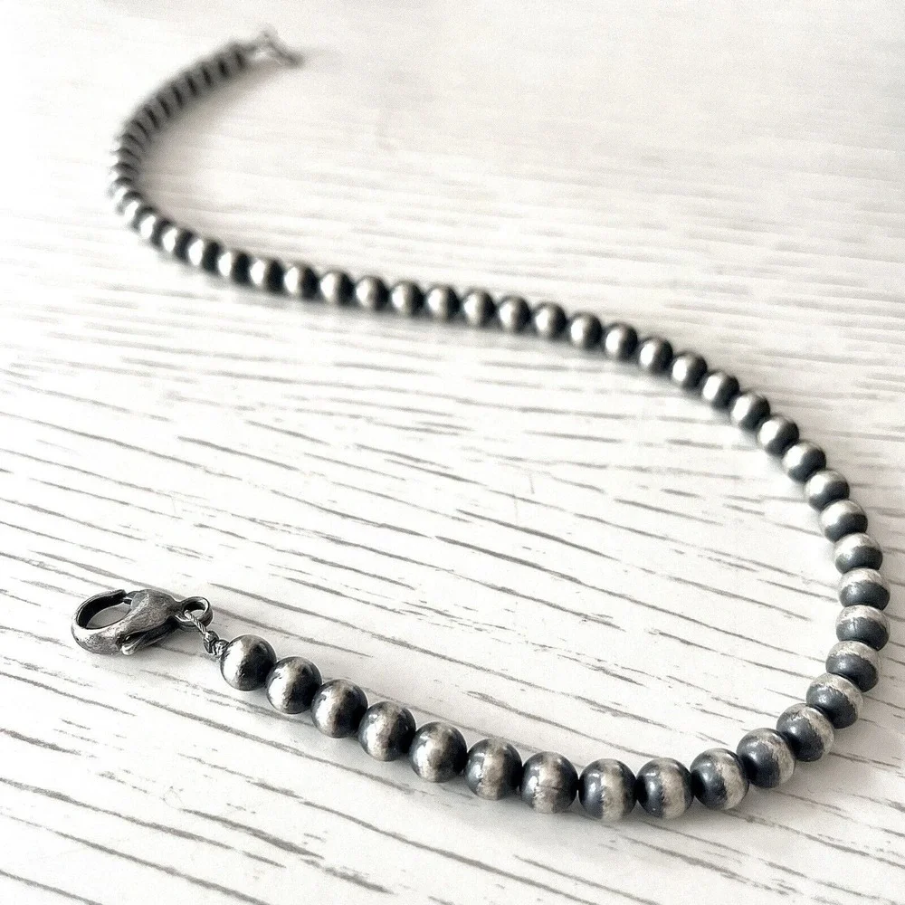 Navajo Pearls Necklace 16in Choker 6mm Beads 925 Sterling Silver Matte 16g